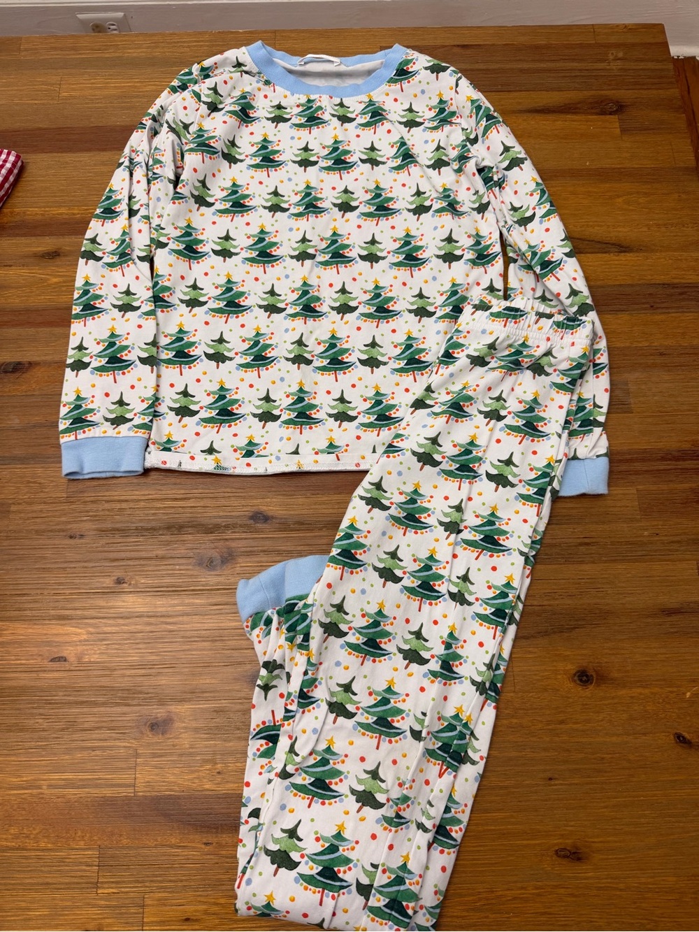 Kids Christmas Tree Pajama Set in White, Green & Light Blue